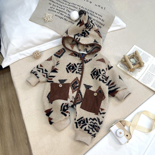 Lamb fleece hooded long climbing suit for winter