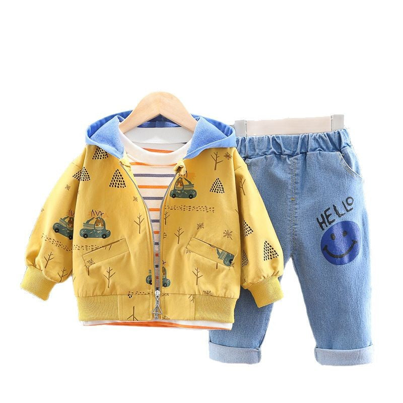 Boy Printed Hooded Jacket Striped Top & Jeans 3-Piece Set