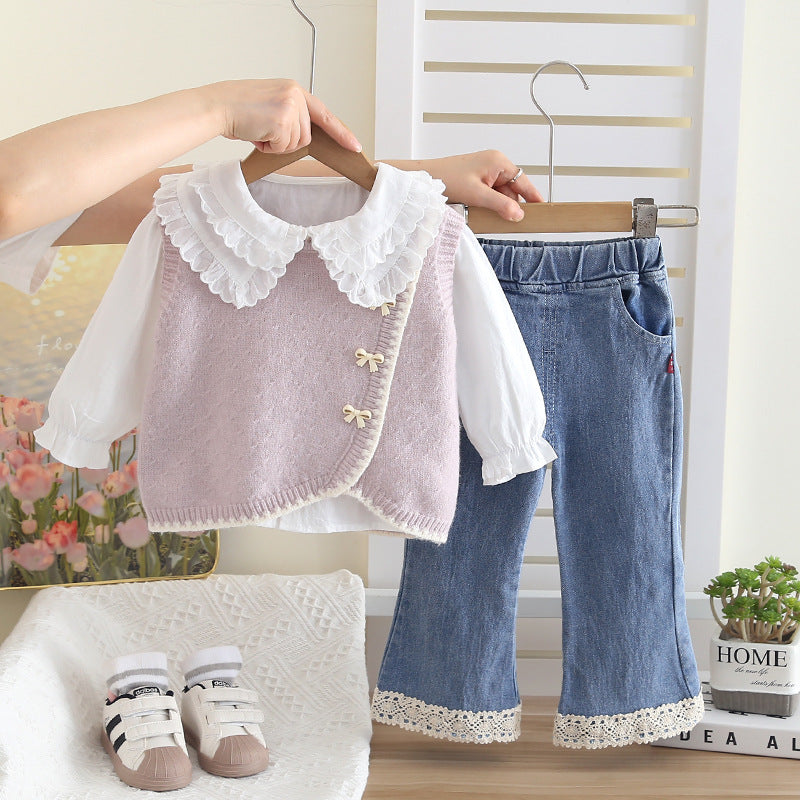 Soft Knit Vest, Blouse & Lace Trim Denim Pants Set