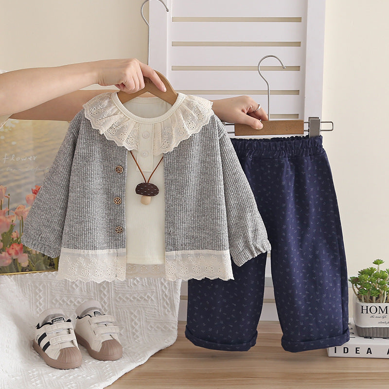 Girl Vintage Lace Collar Cardigan, Top & Pants 3-Piece Set