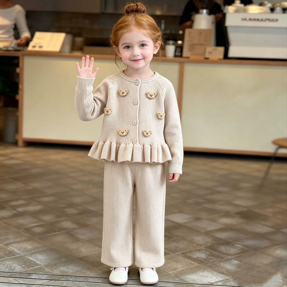 Girl Bear Applique Knit Cardigan & Pants 2-Piece Set