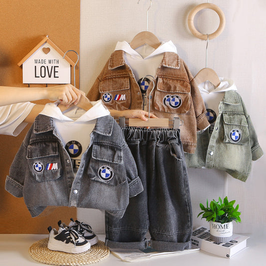 Boys Denim Patch Hooded Jacket Set