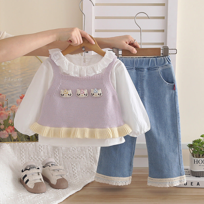 Girl Cute Ruffle Collar Knit Vest, Shirt & Denim Pants Set