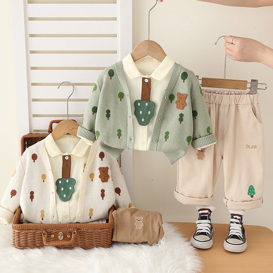 Boy Forest Tree Knit Cardigan Shirt & Pants Set