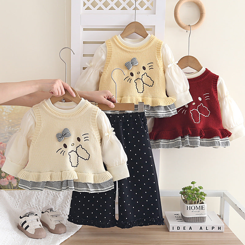 Girl Cute Cat Knit & Polka Dot Pants Set