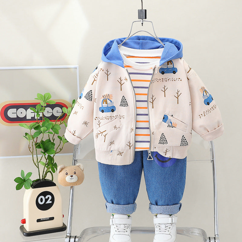 Boy Printed Hooded Jacket Striped Top & Jeans 3-Piece Set