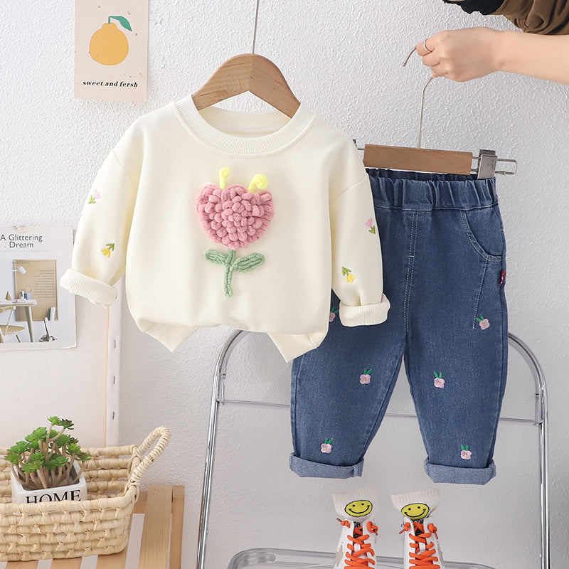 Girl Floral Applique Sweatshirt and Embroidered Denim Pants Set