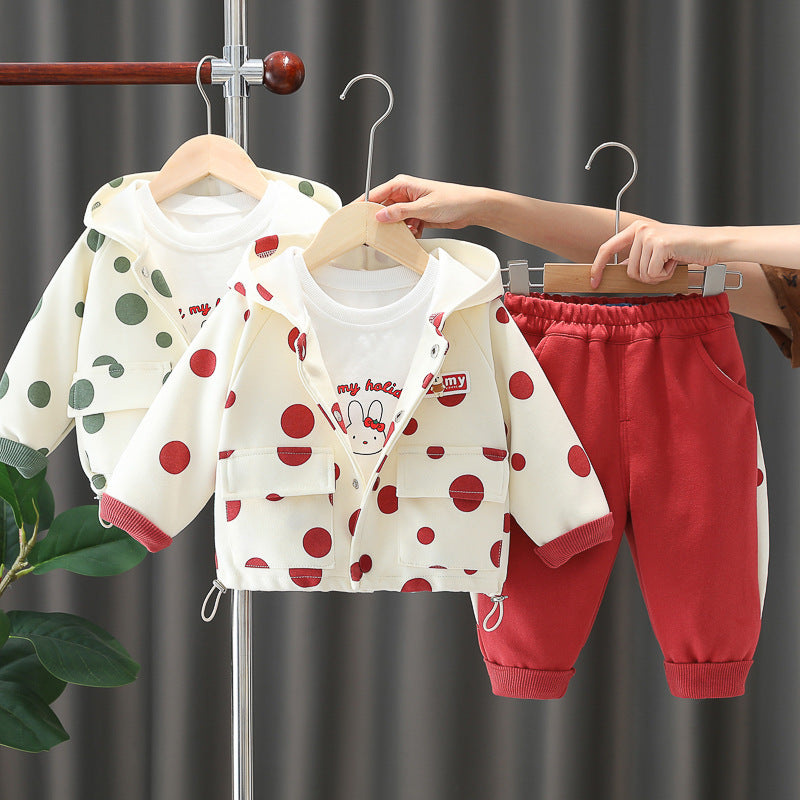 Girl Polka Dot Hooded Jacket, Top and Jogger Pants Set