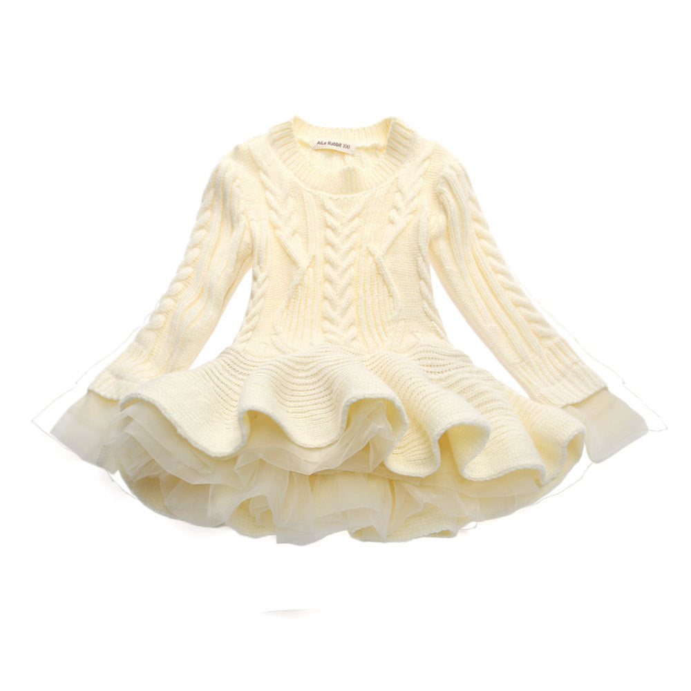 Style Knit Long Sleeve Princess Girls Sweater Dress
