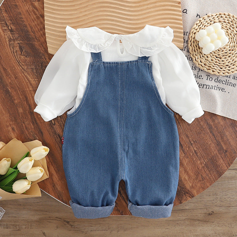 Girl Bunny Applique Denim Overalls & Blouse Set