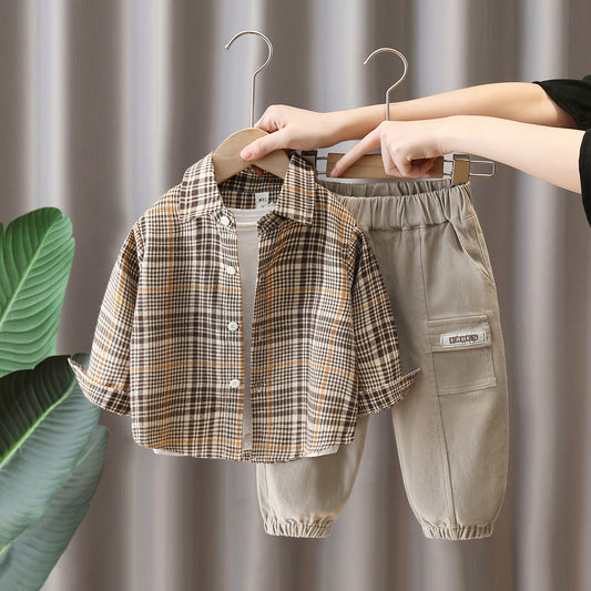 Boy Plaid Shirt & Pocket Detail Pants 2-Piece Set