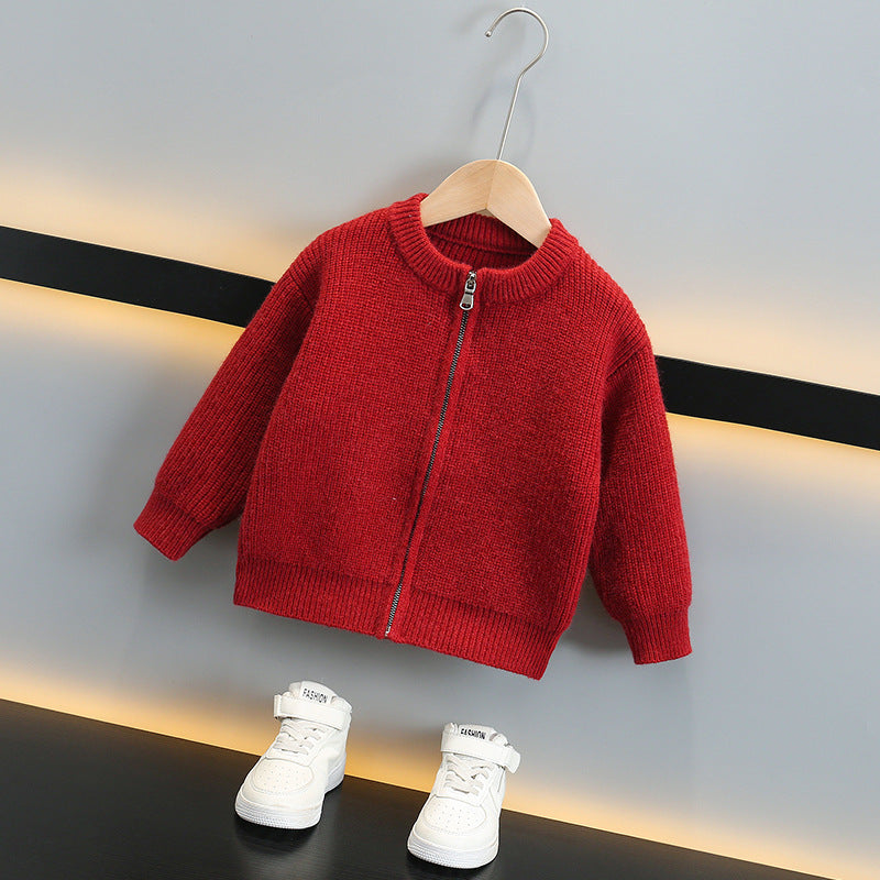 Style Red Lapel Collar Boy's Sweater Cardigan
