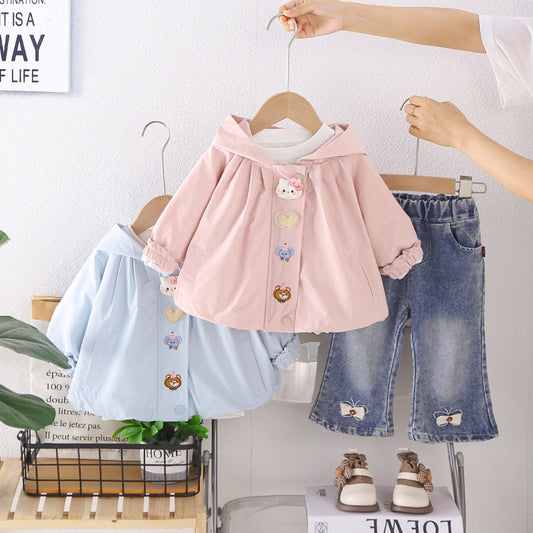 Girl Cute Hooded Jacket & Butterfly Jeans Set