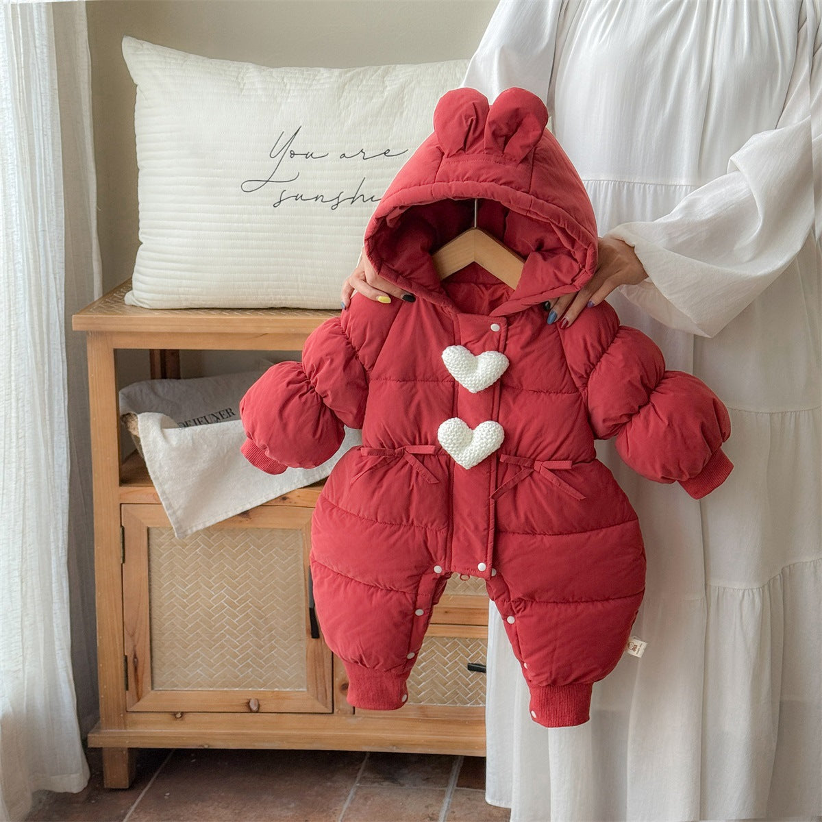 Girl Red Heart Hoodie Winter Puffer Jumpsuit Romper