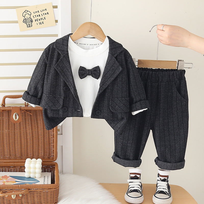 Boy Striped Bow Tie Blazer Jacket and Pants Set