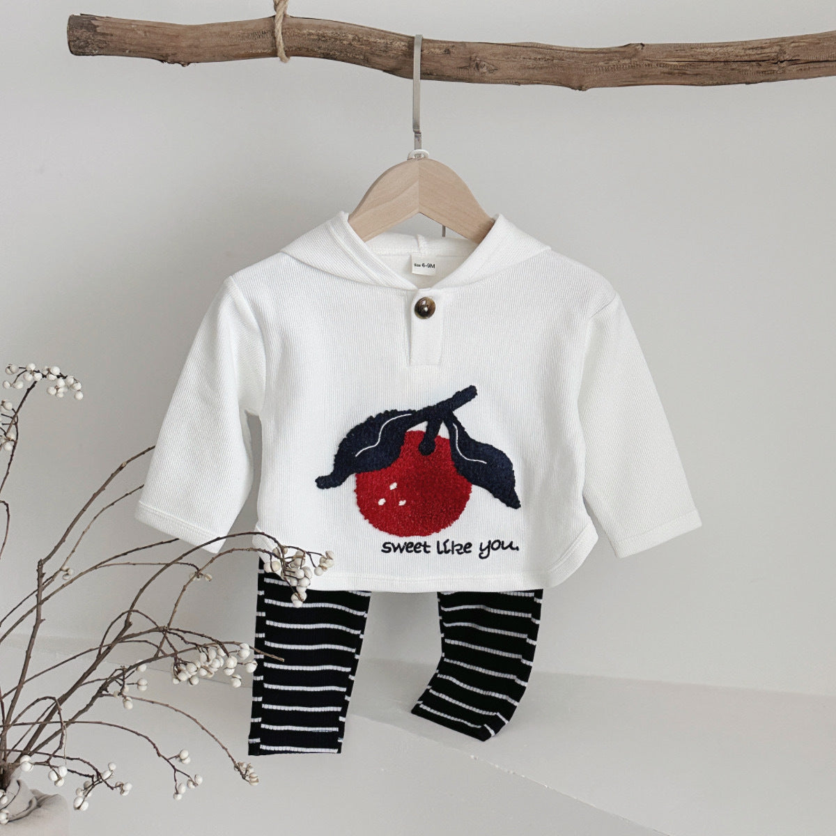 Cute cherry sticker hooded sweatshirt striped sports pants