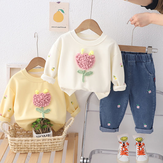 Girl Floral Applique Sweatshirt and Embroidered Denim Pants Set