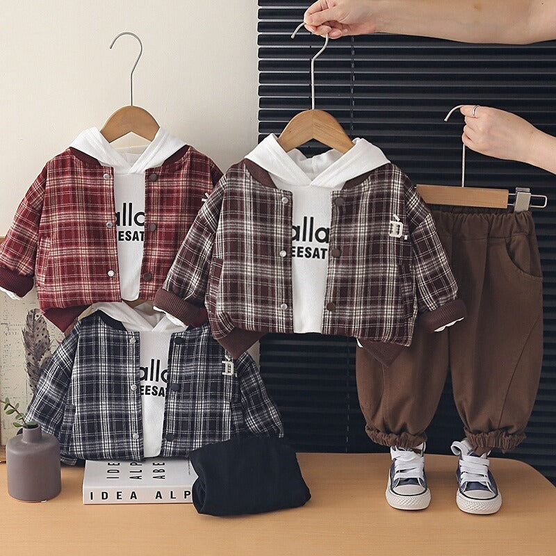 Boy Plaid Jacket, Hoodie & Jogger Pants Set