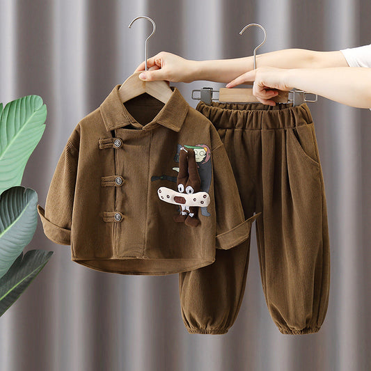Boy Cartoon Patch Detail Corduroy Shirt & Pants Set