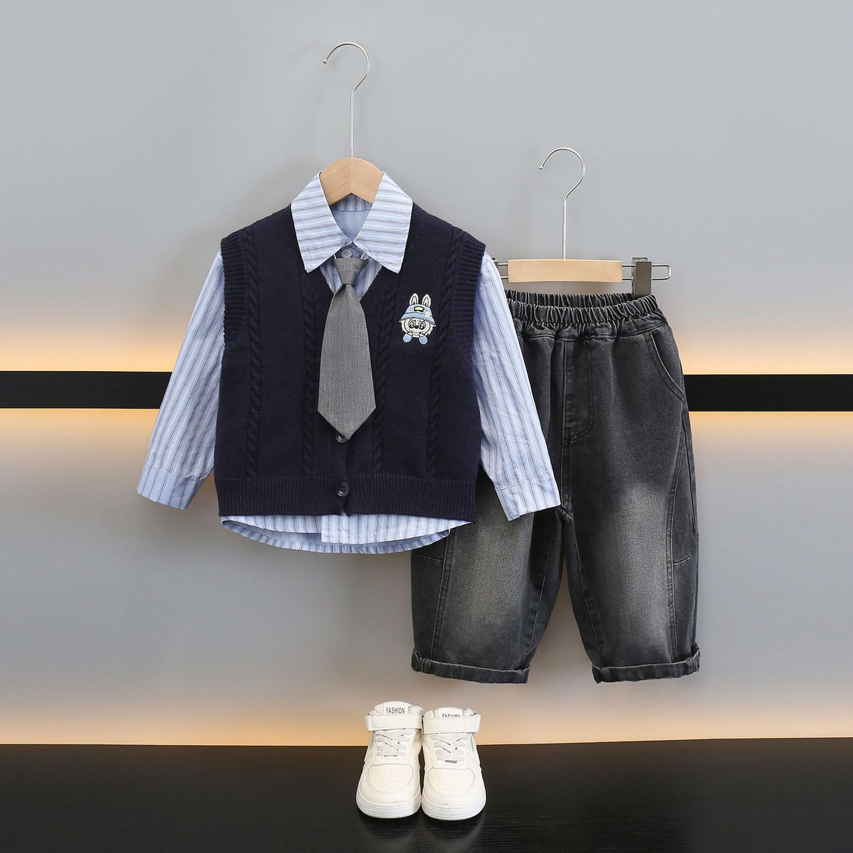 Boys' 3-Piece Knit Vest and Shirt Set - Preppy Style Fall Outfit