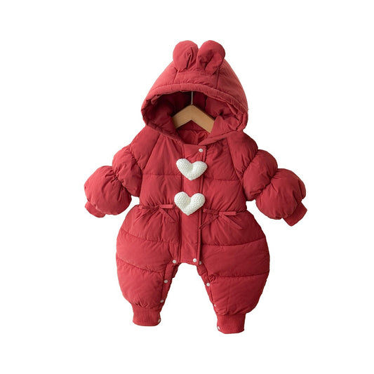 Girl Red Heart Hoodie Winter Puffer Jumpsuit Romper