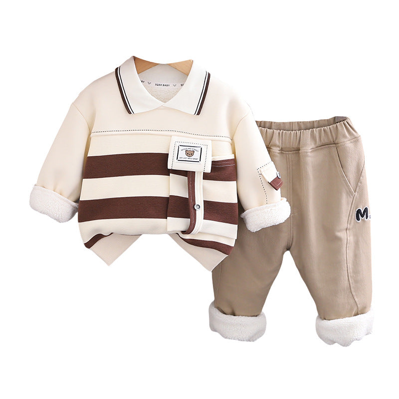 Boy Winter Fleece Lined Striped Polo Shirt & Pants Set