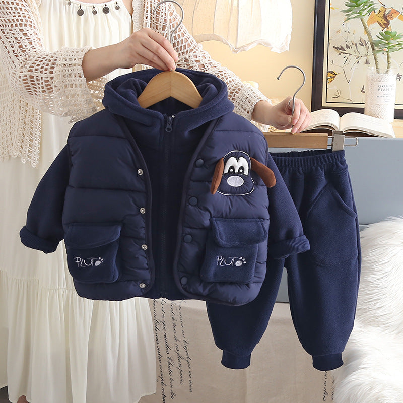 Boy Puppy Applique Hooded Jacket with Puffer Vest Set