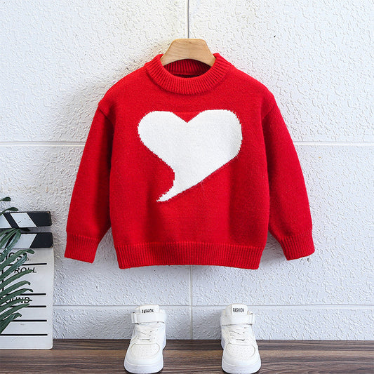 Boys' Stylish Heart Pattern Raglan Sleeve Crew Neck Pullover Sweater