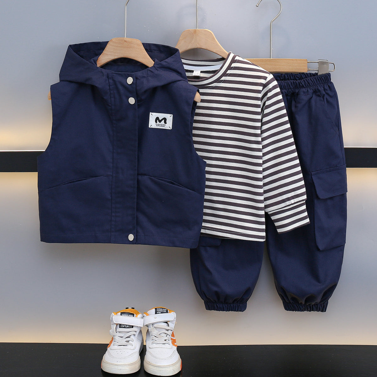 Boy Striped Long Sleeve Top Cargo Pants & Hooded Vest 3-Piece Set
