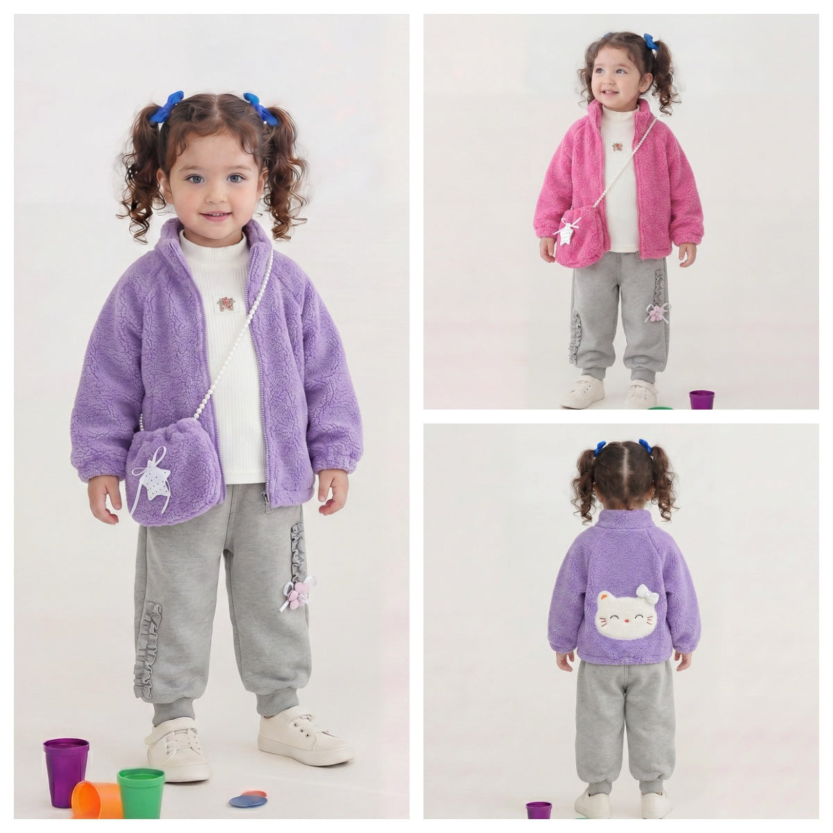 Girl Cozy Plush Cat Jacket & Bag with Fleece Lined Pants Set