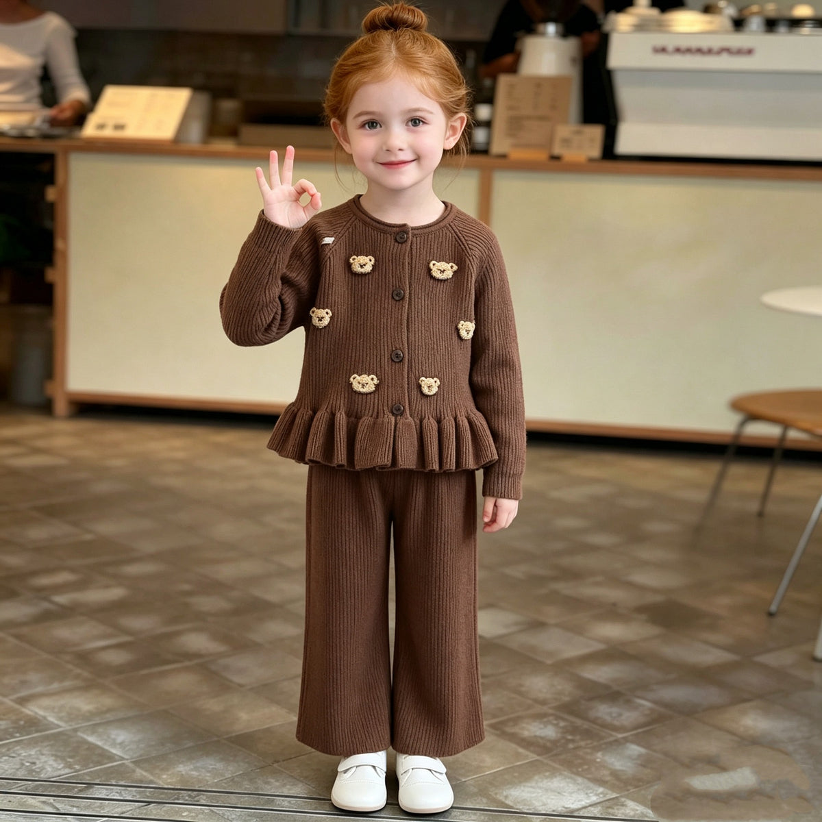 Girl Bear Applique Knit Cardigan & Pants 2-Piece Set