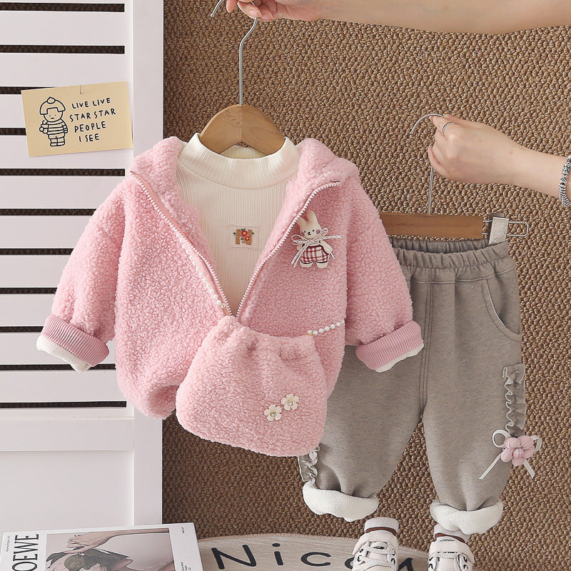 Girl Winter Fleece Hoodie & Ruffle Sweatpants 3-Piece Set