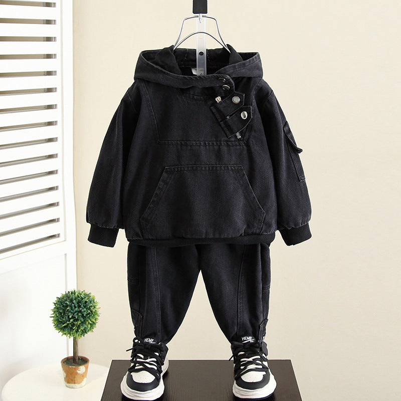 Boy Black Utility Hooded Sweatshirt Jogger Pants 2-Piece Set