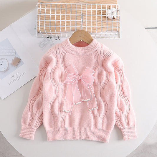 Girl Cable Knit Bow Detail Sweater