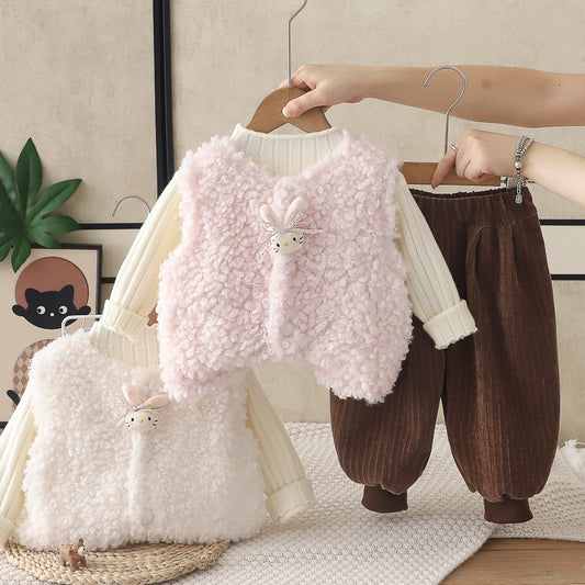 Girl Plush Bunny Vest, Ribbed Sweater & Pants 3-Piece Set