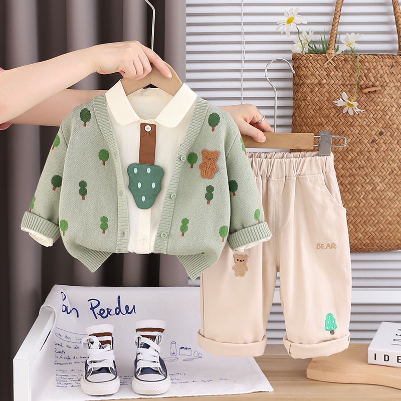 Boy Forest Tree Knit Cardigan Shirt & Pants Set