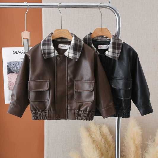 Boy Plaid Collar Faux Leather Jacket