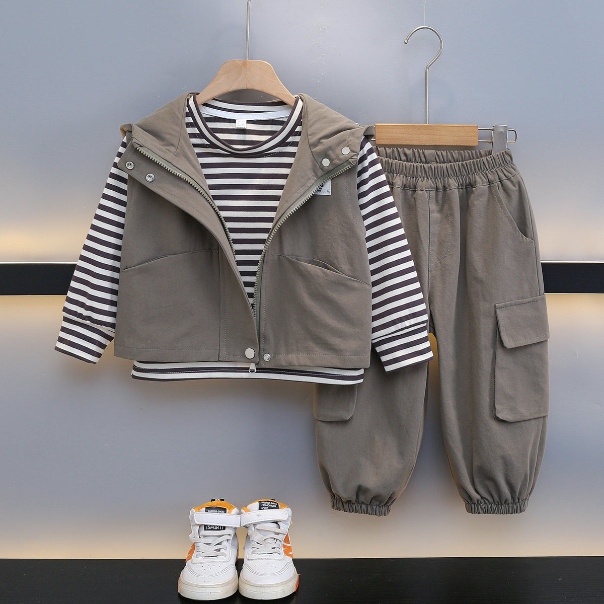 Boy Striped Long Sleeve Top Cargo Pants & Hooded Vest 3-Piece Set