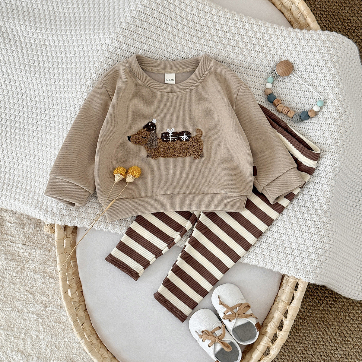 Cute puppy patch hoodie striped pants set