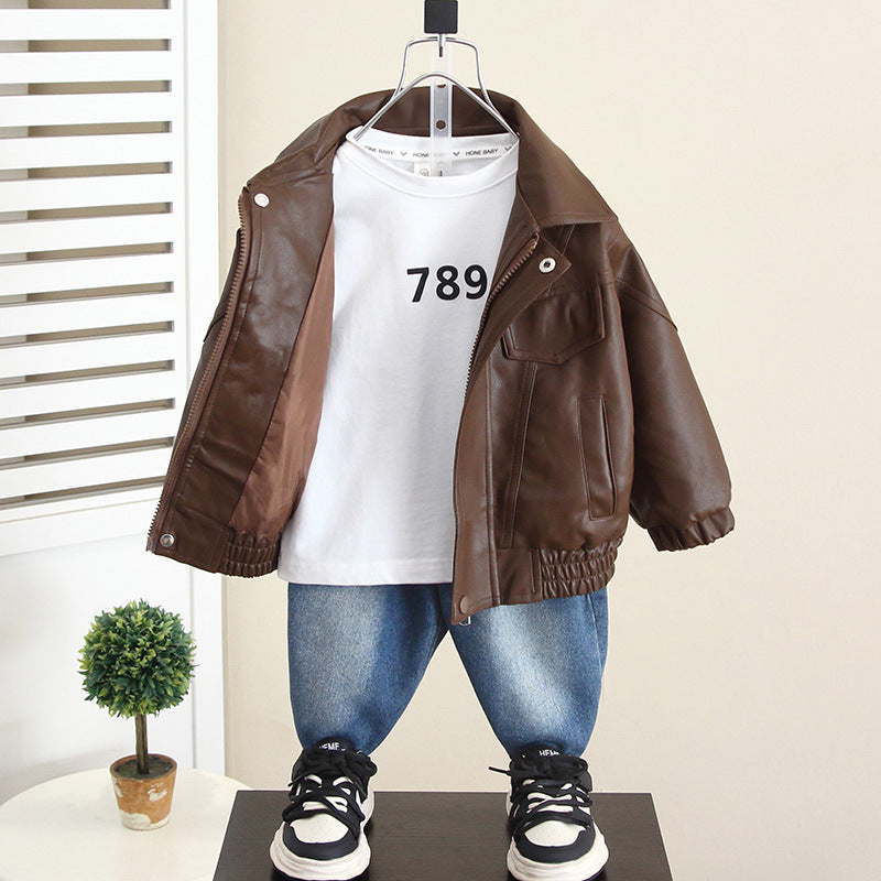 Boy Faux Leather Jacket Denim Pants 3-Piece Set