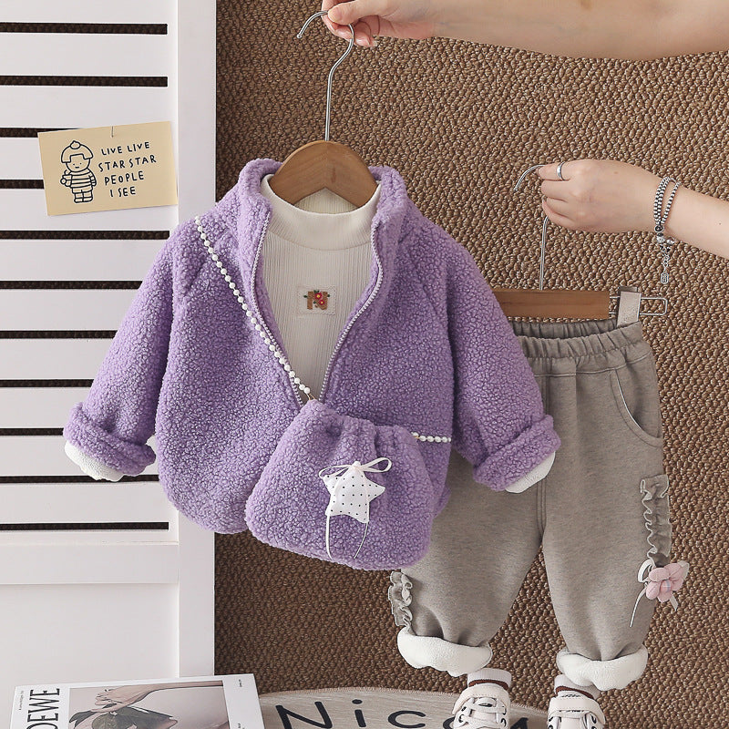 Girl Cozy Plush Cat Jacket & Bag with Fleece Lined Pants Set