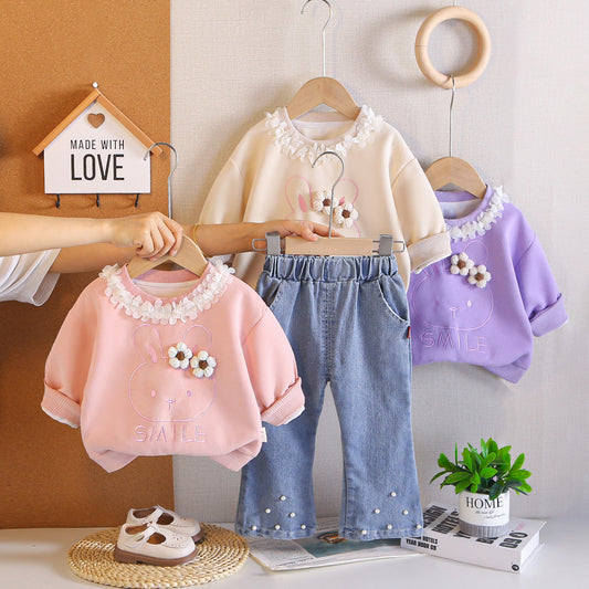 Girl Floral Applique Rabbit Sweatshirt & Pearl Trim Denim Pants Set