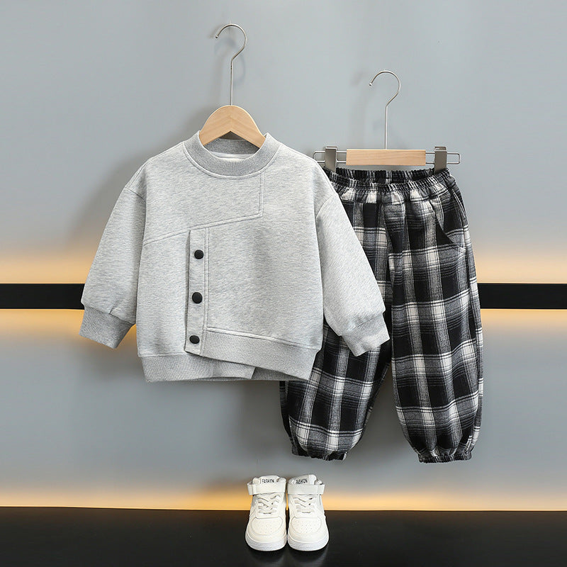 Boy Plaid Pants & Button Detail Sweatshirt Set