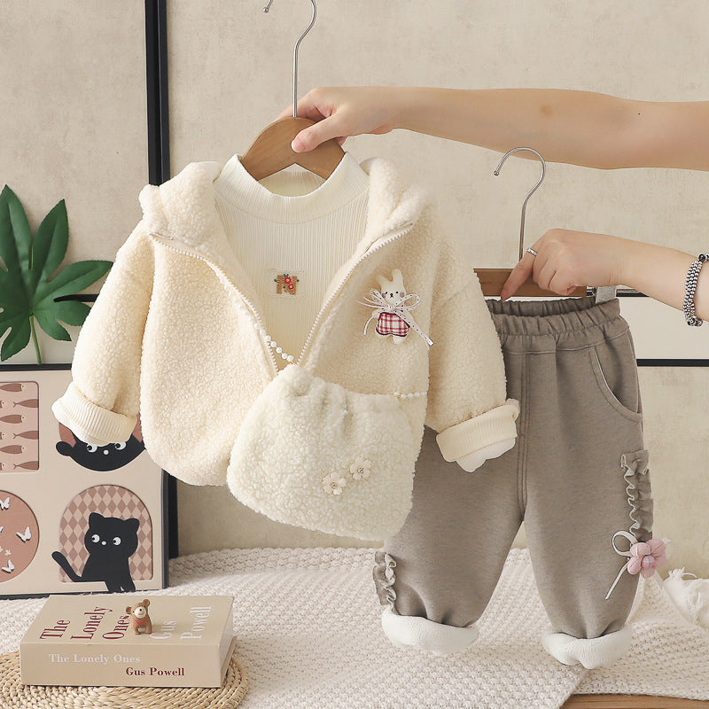 Girl Winter Fleece Hoodie & Ruffle Sweatpants 3-Piece Set