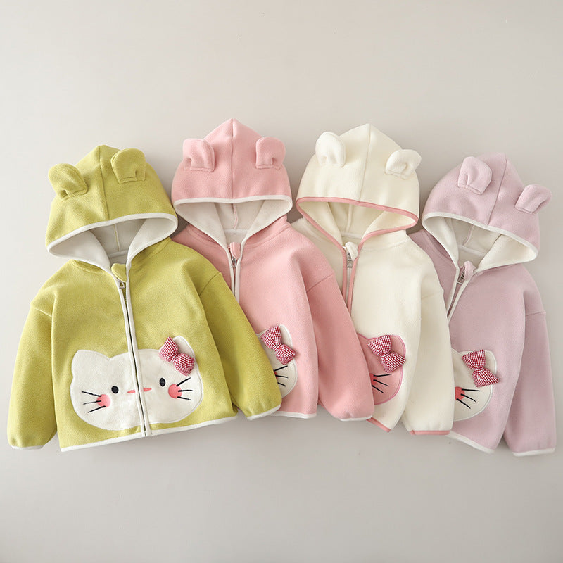 Girl Cute Cat Ear Applique Hooded Fleece Jacket