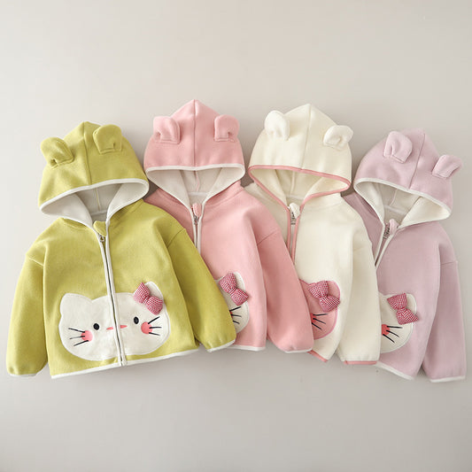 Girl Cute Cat Ear Applique Hooded Fleece Jacket