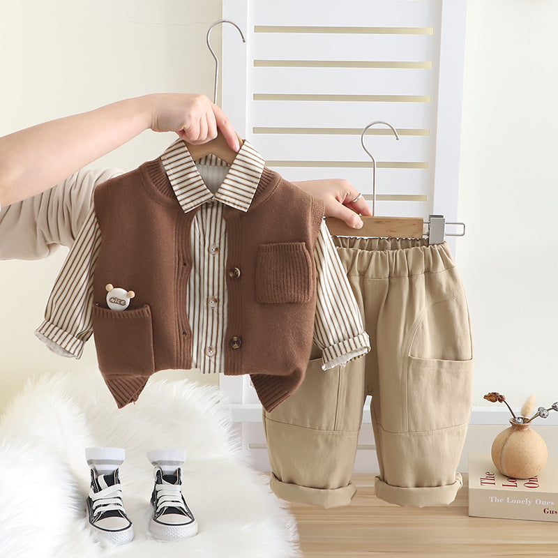 Boy Striped Shirt with Knit Vest and Cargo Pants Set
