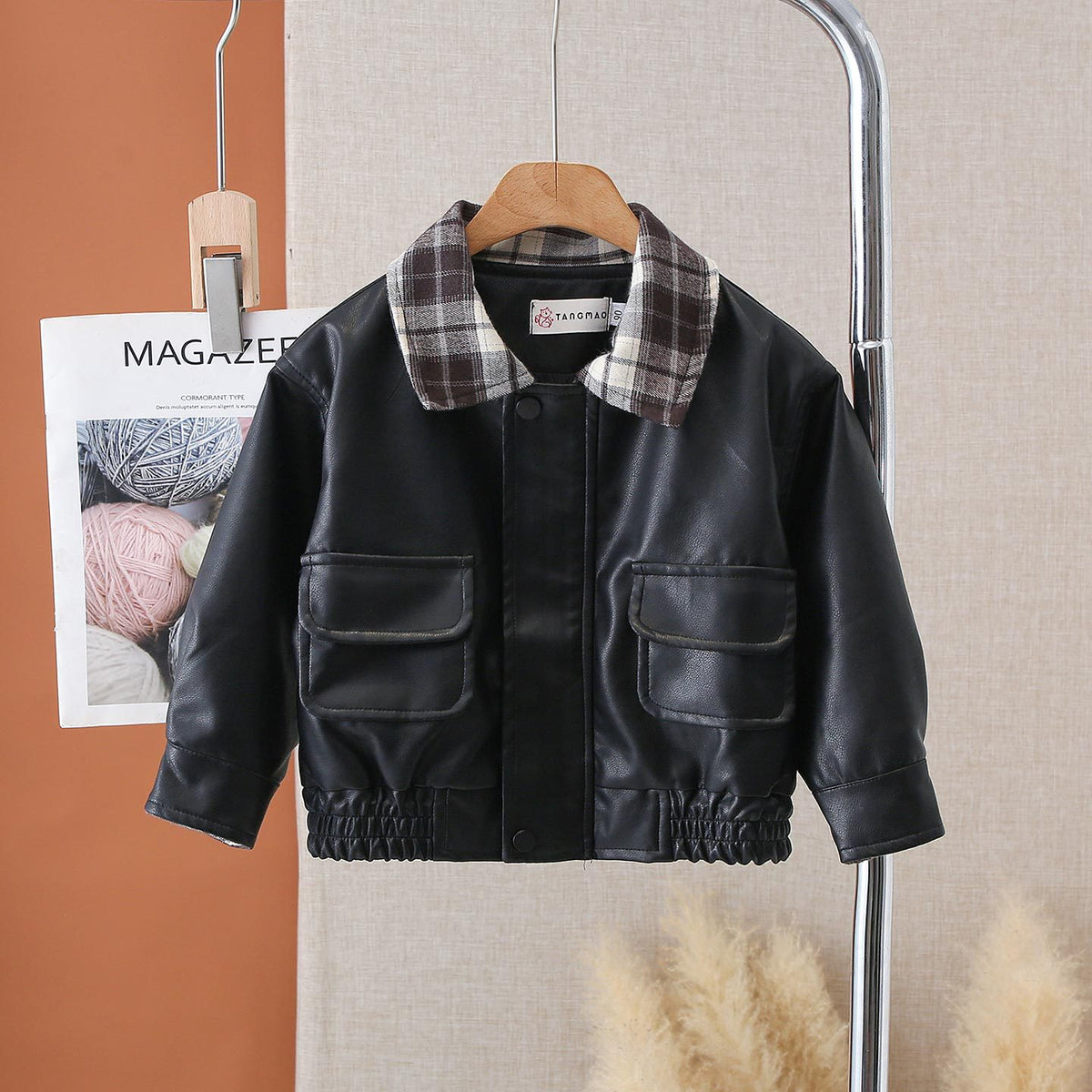 Boy Plaid Collar Faux Leather Jacket