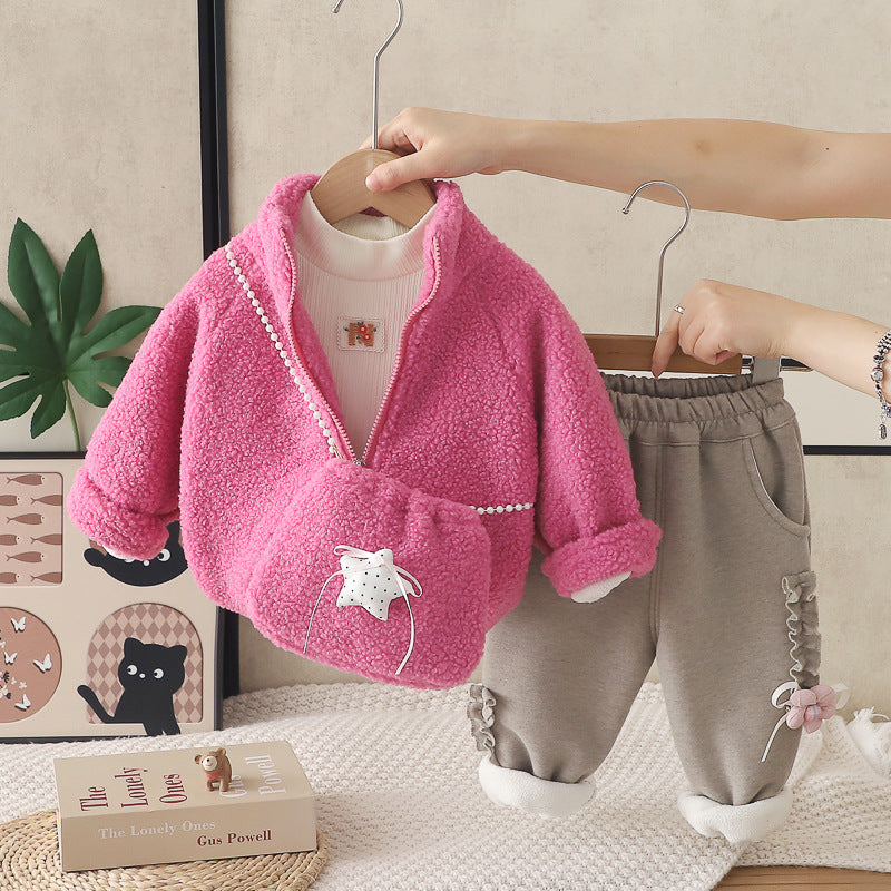 Girl Cozy Plush Cat Jacket & Bag with Fleece Lined Pants Set