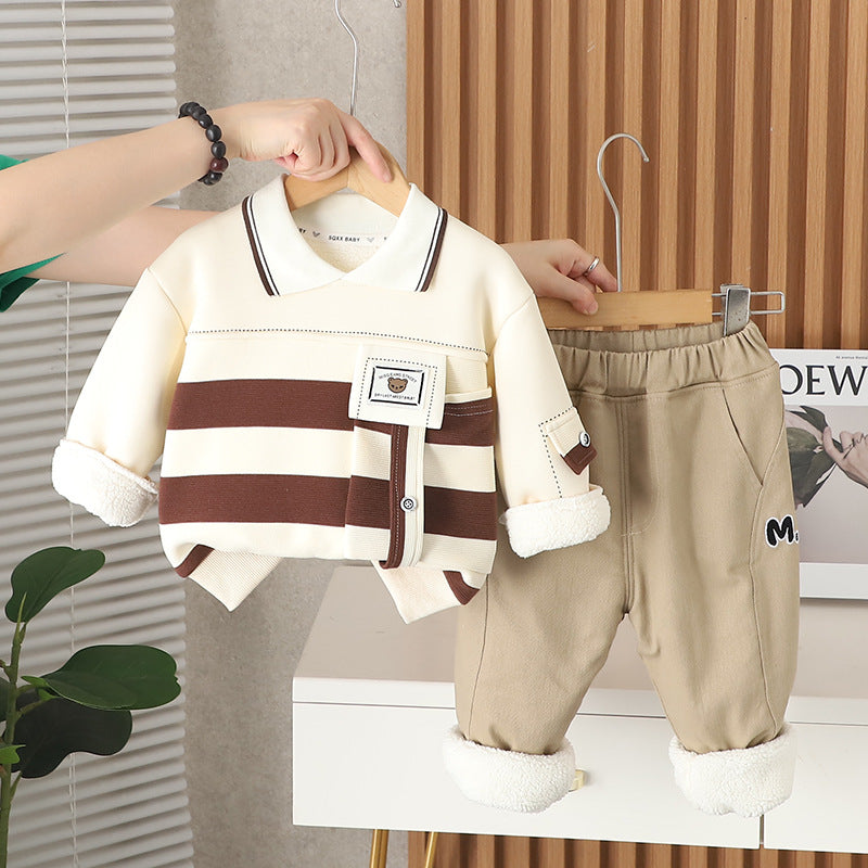 Boy Winter Fleece Lined Striped Polo Shirt & Pants Set
